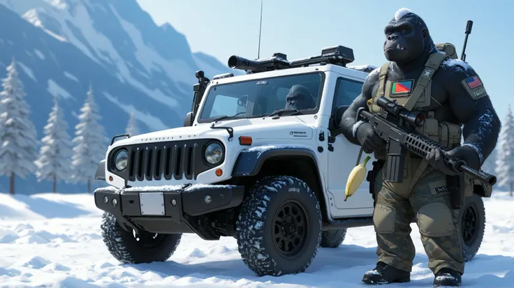 high quality, 8K Ultra HD, A beautiful double exposure Super realistic Military Gorilla wearing military gear holding an anti-material rifle next to a humvee eating a banana