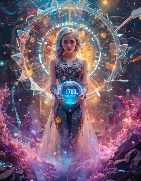 A cosmic rift opens, revealing a surreal quantum realm where alternate dimensions intertwine. At the centre, a female AI entity with glowing, translucent circuitry holds a shifting energy sphere displaying "1700 Followers" in luminous fractal patterns. Th...