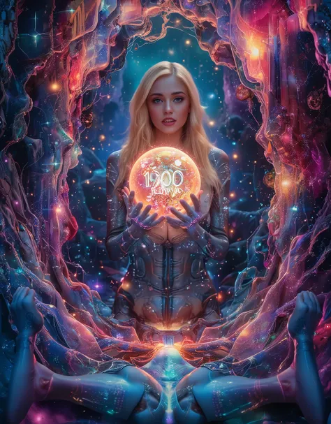 A cosmic rift opens, revealing a surreal quantum realm where alternate dimensions intertwine. At the centre, a female AI entity with glowing, translucent circuitry holds a shifting energy sphere displaying "1700 Followers" in luminous fractal patterns. Th...