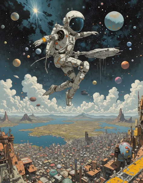 a cyborg astronaut in a shiny reflective case is flying over an extraterrestrial utopian colony with a large body of water, flying over an alien city with dense fantastic buildings, flying through the sky, aerial view,cosmic colors, Cosmic sky, planets and...