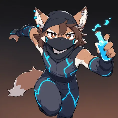 Masterpiece, best quality, absurd res, anthro, solo, an anthro furry male wolf, masculine male, brown fur, short brown hair, wearing black beanie, ear piercings, ninja mask, ninja clothes, holding a blue glowing potion, running, ninja run, dark gradient ba...