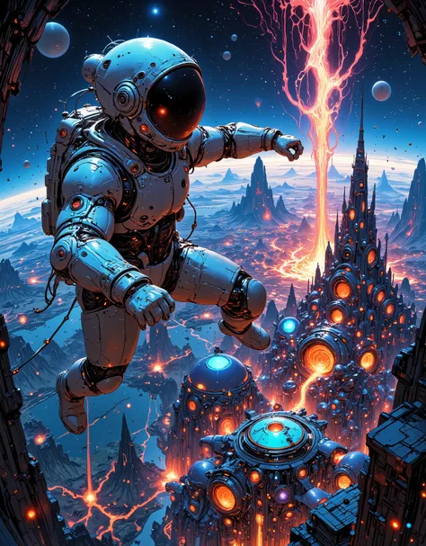 cyborg astronaut- in a shiny reflective case, flying flat over an extraterrestrial utopian colony with a large body of water, flying over an alien city with dense fantastic buildings, flying through the sky, aerial view,cosmic colors, cosmic sky, planets a...
