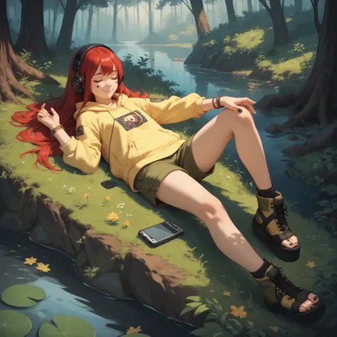 
Cute girl, long hair, red hair, closed eyes, smile, detailed face, two legs, two arms, tattoo in arm, headphones, bracelets, yellow hoodie, long streewear cargo, black toeless footwear platform, full body structure, beautiful face, outdoors, forest, river...