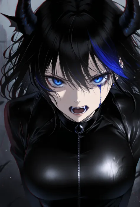 masterpiece, best quality, amazing quality, newest, very aesthetic, 1girl,realsim,realstic,upper body,A demon woman, her screams merging with cries, her dark side bleeding into the foreground, plagued by voices in her head echoing her sad emotions. This ha...