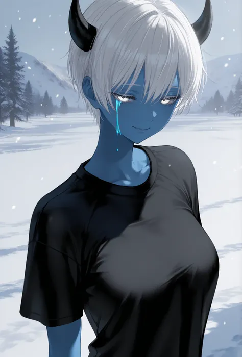 masterpiece, best quality, amazing quality, newest, very aesthetic, 1girl,realsim,realstic,demonic woman,white short hair,white eyes,blue skin,black devil horns,sleepy eyes,sad features,black shirt,covered body,bloody tears dripping from her eyes,smile,sno...