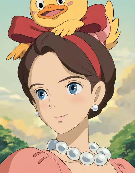 Studio Ghibli, hand drawn animation style,
masterpiece, high score,
chica, portrait, illustration, brown hair, blue eyes, pink dress, RED RIBBON, pearl necklace, flower earrings