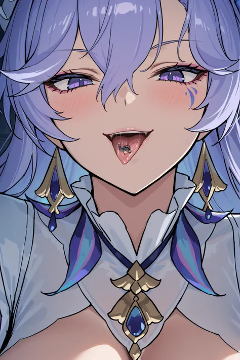 masterpiece, best quality, high quality, detailed, ultra detailed, hyper detailed, insanely detailed,giantess,vore, imminent vore,(((close-up mouth))),cantarella\(wuthering waves\),breasts,long hair,facial mark,white dress,purple eyes,hair ornament,purple ...