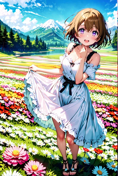 score_9, score_8_up, score_7_up, source_anime, Hanayo Koizumi, short hair, brown hair, purple eyes,Medium breast, White Off Shoulder Dress, white long skirt,Heeled Sandals,standing,smile,cover,opens her mouth,noon,Flower Field,Mountain,river,nature,full bo...