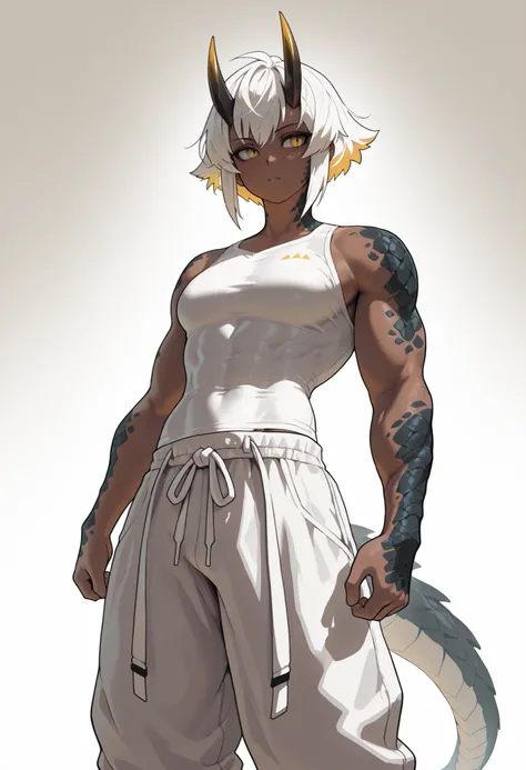 muscular creature, dark horns, yellow eyes, short spiky white hair, short hair, (baggy pants:1.3), pants, tight shirt, arms with scales, gradient scales from gray to white, scales on arms and legs, calm pose, athletic, dark skin tone, dynamic view BREAK ba...