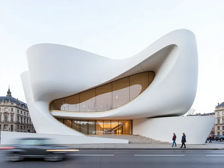 angeina jolie stands behind the modern opera house in the center of Prague, designed in the architectural style of Zaha Hadid. The exterior is white with gold details, and the facade is designed to resemble a giant folded piece of paper.