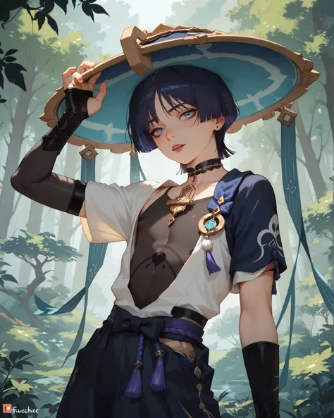 (scaramouche), gothic femboy, forest, feisty