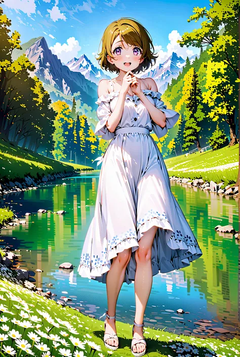  Hanayo Koizumi, short hair, brown hair, purple eyes,Medium breast, White Off Shoulder Dress, white long skirt,Heeled Sandals,standing,smile,cover,opens her mouth,noon,Flower Field,Mountain,river,nature,full bodyがillustrationsに入るように,break outdoors,nature,,...