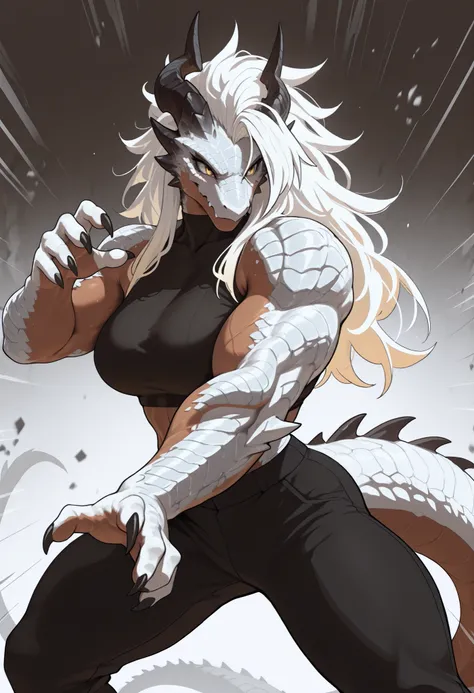 muscular creature, anthro dragon, dark horns, yellow eyes, short spiky white hair, black crop top, pants, sharp claws and scales, silver scales on arms and legs, calm pose, athletic, posed in a dynamic stance,dark skin tone, BREAK background is simple and ...
