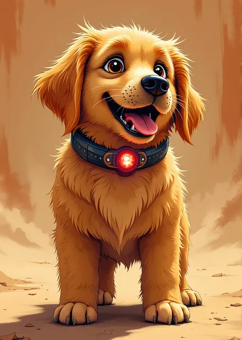 An extremely detailed comic book illustration of a lovable golden retriever wearing a science fiction looking collar with a blinking red light inspired by Dug from Up in an art style inspired by Frank Miller and Conan the Barbarian. He has large, expressiv...