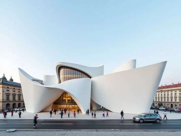 An aerial view of a modern opera house in central Prague, inspired by the architectural style of Zaha Hadid. The exterior is white with gold details, and the facade is designed to resemble a giant folded piece of paper. The exterior perspective shows peopl...