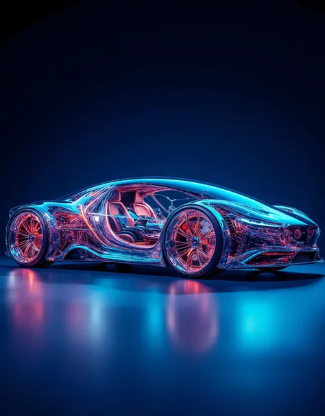realistic detailed frame, ultra-modern concept car made of transparent plastic, beautifully designed on a dark blue background, 3/4 turn,cyber-futuristic body, breathtaking design with many complex internal details in different colors, cable and electrical...