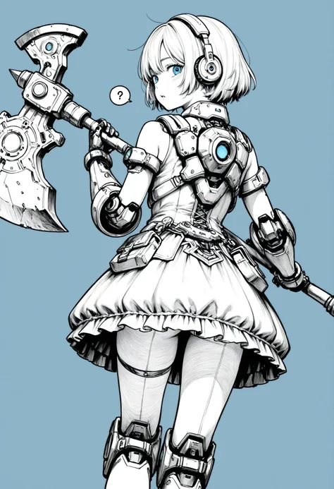 A young girl ,dress with giant ruffles, from behind,(looking back),blue eyes,giant blue runic axe,blue mechanical glove,  monochrome,grayscale, blue in the background,messy line art,(speech:1.2),Futuristic headphones