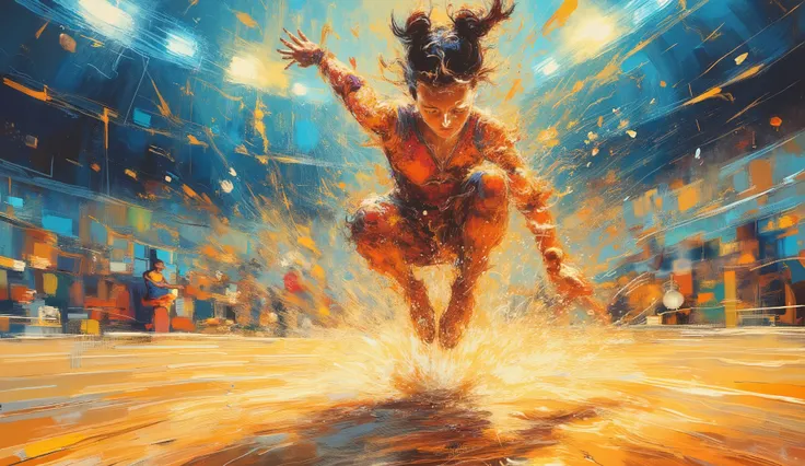 action painting, fantasy, Olimpic gynastic, floor, girl, impressionist, jump with swirl, beautifull, primary colors: sharp focus, akihiko yoshida, krenz cushart, brom, medium format, Unreal Engine 4, vector art
