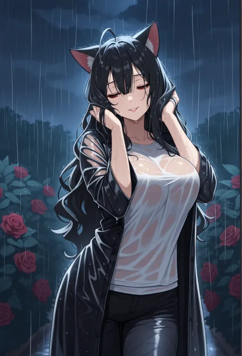 masterpiece, center, very detailed, garden, night, dark, rain,dark background, heavy-rain,cloudy, mature female,a chic,big breasts, ((1 cat girl)) (( black hair, Ahoge, straight bangs,, hair between eyes,)), Long hair, ((beautiful red eyes)) sharp eye, Be...