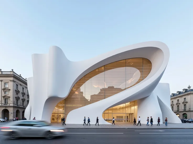 An aerial view of a modern opera house in central Prague, inspired by the architectural style of Zaha Hadid. The exterior is white with gold details, and the facade is designed to resemble a giant folded piece of paper. The exterior perspective shows peopl...