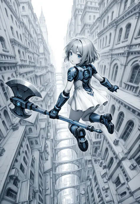 A young girl ,dressed in giant ruffles, from behind,(looking back),blue eyes,giant blue runic axe,blue mechanical glove,  monochrome,grayscale, blue in the background ,Jumping,City from above