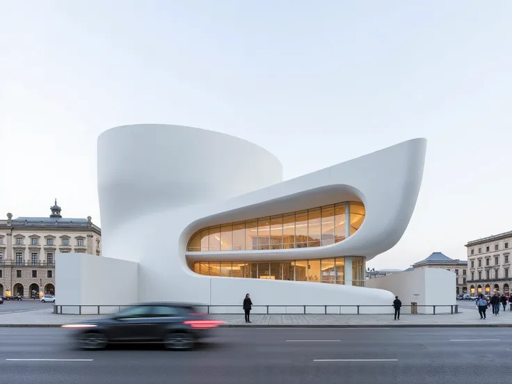 angeina jolie stands behind the modern opera house in the center of Prague, designed in the architectural style of Zaha Hadid. The exterior is white with gold details, and the facade is designed to resemble a giant folded piece of paper.