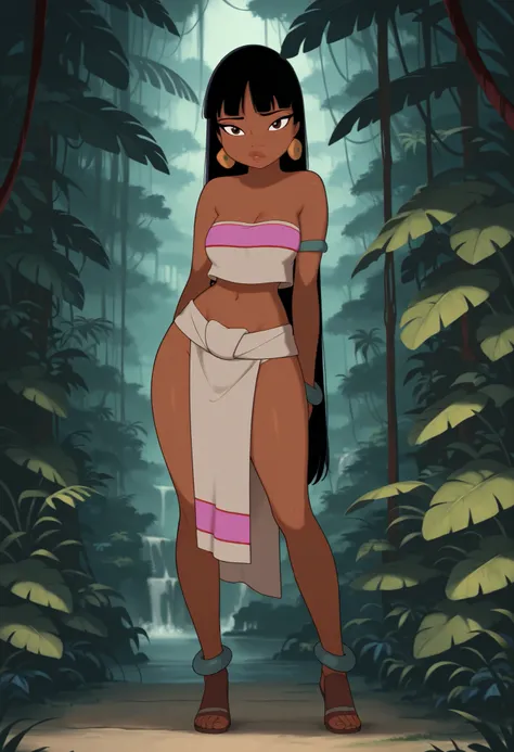 Masterpiece, Best Quality, Single Girl, Solo, Eyelashes, (Beautiful Eyes), zzChel, Brown Eyes, Black Hair, Long Hair, Dark Skin, Bare Shoulders, Jewelry, Earrings, Dark Skin, Dark Skin Female, Strapless, Tube Top, Crop Top, Full Body, In Amazon Jungle