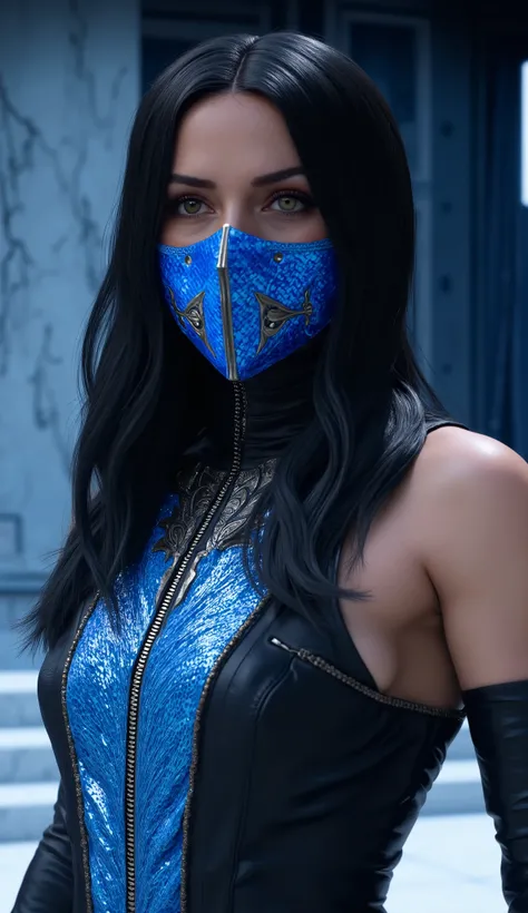 Here's a detailed prompt to generate a super realistic image of Alexandra Daddario as Kitana, with a shiny metal mask and details blue, focus on the upper body: "Hyper-realistic Close-up of Alexandra Daddario as Kitana, The warrior of * mortal kombat*. ...