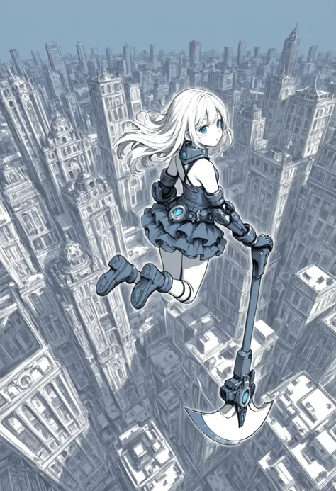 A young girl ,dressed in giant ruffles, from behind,(looking back),blue eyes,giant blue runic axe,blue mechanical glove,  monochrome,grayscale, blue in the background ,Jumping,City from above,Floating