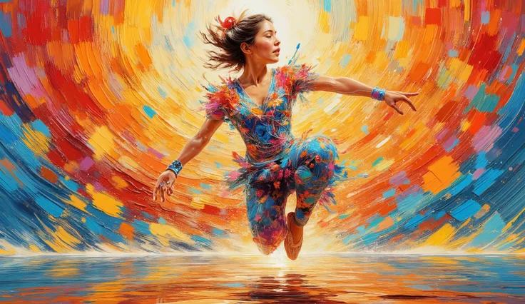 action painting, fantasy, Olimpic gynastic, floor, girl, impressionist, jump with swirl, beautifull, primary colors: sharp focus, akihiko yoshida, krenz cushart, brom, medium format, Unreal Engine 4, vector art