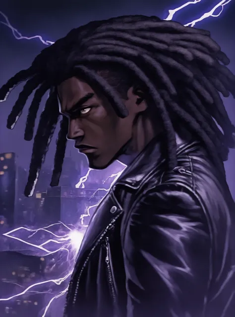 african man, dreadlocks, using magic, leather jacket, new york city, lightning, highest quality

