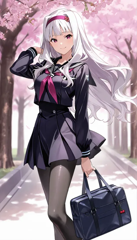 score_9 , score_8_up , score_7_up , source_anime ,1 girl, solo, Shijou Takane, white hair, long hair, purple eyes, headband, black Sailor Suit, (black pantyhose: 1.5), holding school bag, (smile: 1.1), cherry tree