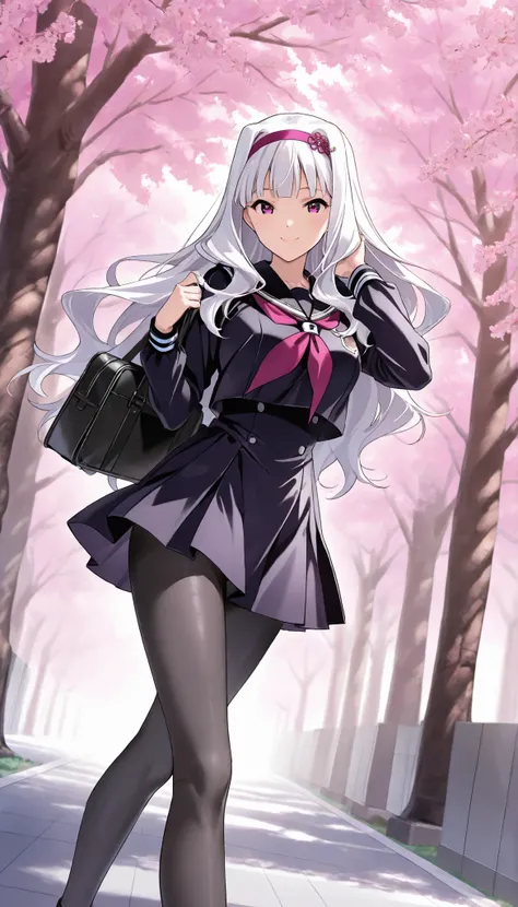 score_9 , score_8_up , score_7_up , source_anime ,1 girl, solo, Shijou Takane, white hair, long hair, purple eyes, headband, black Sailor Suit, (black pantyhose: 1.5), holding school bag, (smile: 1.1), cherry tree