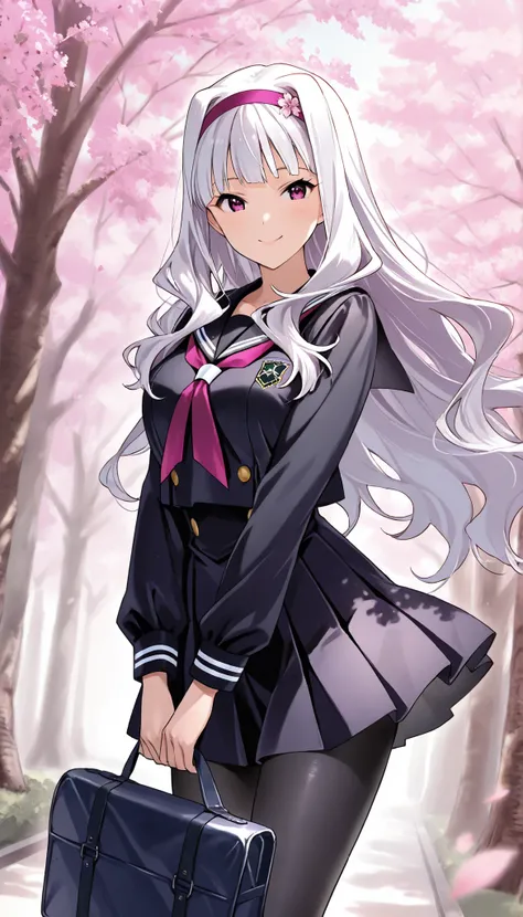 score_9 , score_8_up , score_7_up , source_anime ,1 girl, solo, Shijou Takane, white hair, long hair, purple eyes, headband, black Sailor Suit, (black pantyhose: 1.5), holding school bag, (smile: 1.1), cherry tree