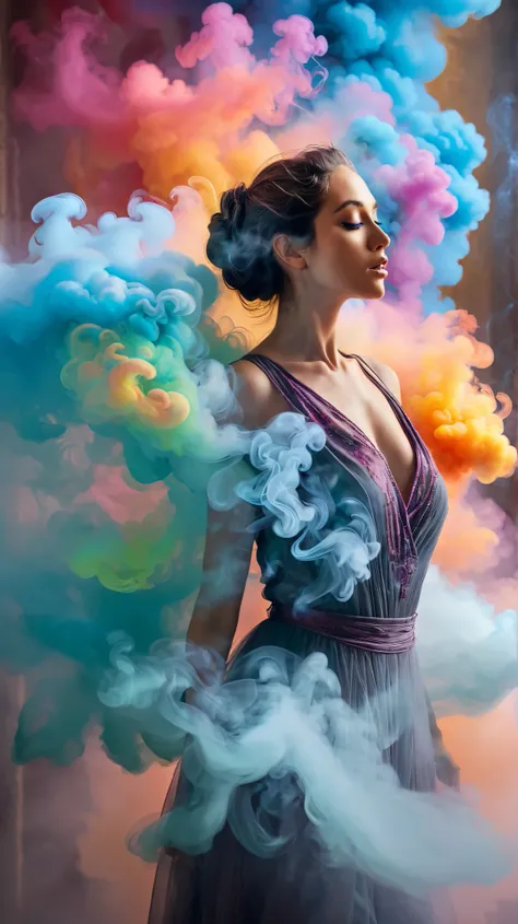 woman is breathing out with her breath a cloud of multicolored smoke 