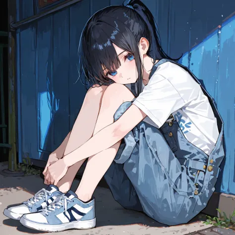 Uruguayan young girl, long black hair with ponytail, blue eyes, t-shirt, overalls, sneakers