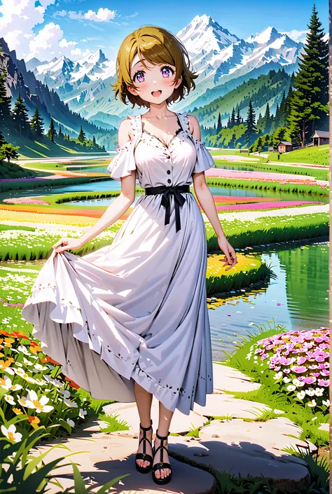  Hanayo Koizumi, short hair, brown hair, purple eyes,Medium breast, White Off Shoulder Dress, white long skirt,Heeled Sandals,standing,smile,cover,opens her mouth,noon,Flower Field,Mountain,river,nature,full bodyがillustrationsに入るように,break outdoors,nature,,...