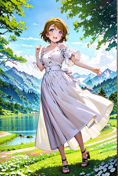  Hanayo Koizumi, short hair, brown hair, purple eyes,Medium breast, White Off Shoulder Dress, white long skirt,Heeled Sandals,standing,smile,cover,opens her mouth,noon,Flower Field,Mountain,river,nature,full bodyがillustrationsに入るように,break outdoors,nature,,...
