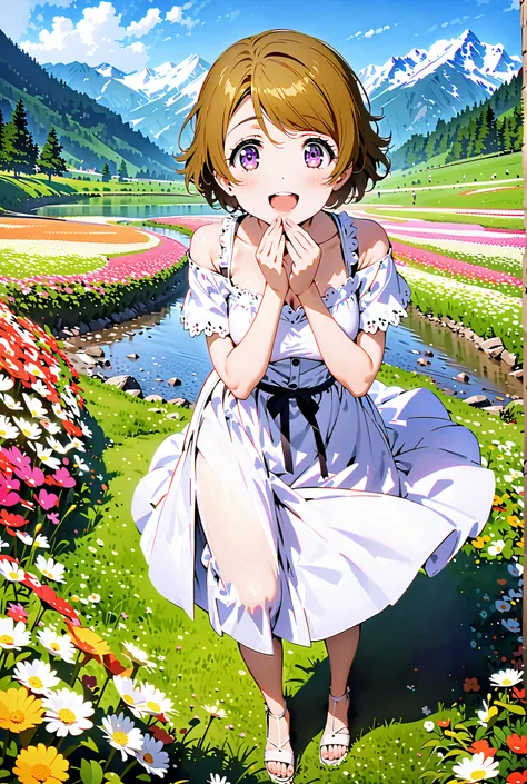  Hanayo Koizumi, short hair, brown hair, purple eyes,Medium breast, White Off Shoulder Dress, white long skirt,Heeled Sandals,standing,smile,cover,opens her mouth,noon,Flower Field,Mountain,river,nature,full bodyがillustrationsに入るように,break outdoors,nature,,...