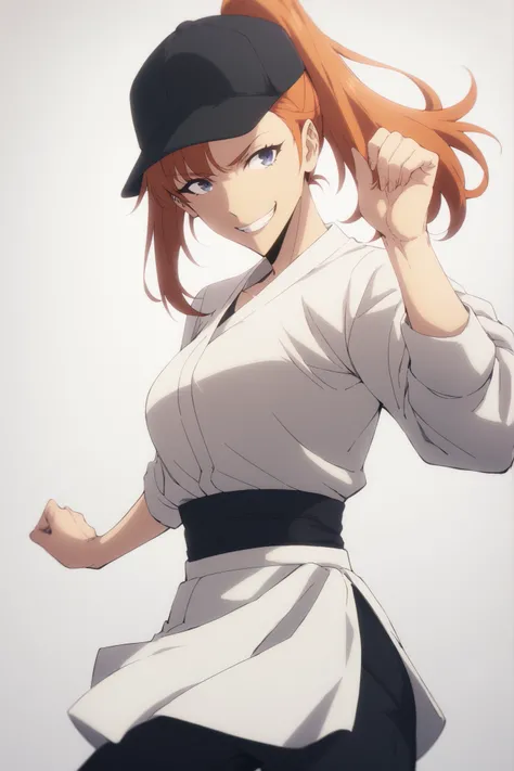 Beautifull, Athletic, alone, woman, orange hair in a ponytail, black cap, black light blue eye, white Half-closed jacket with rolled up sleeves, White skirt held with bands around her waist, black pants, , intricate sketch, expressive eyes nose and mouth,...