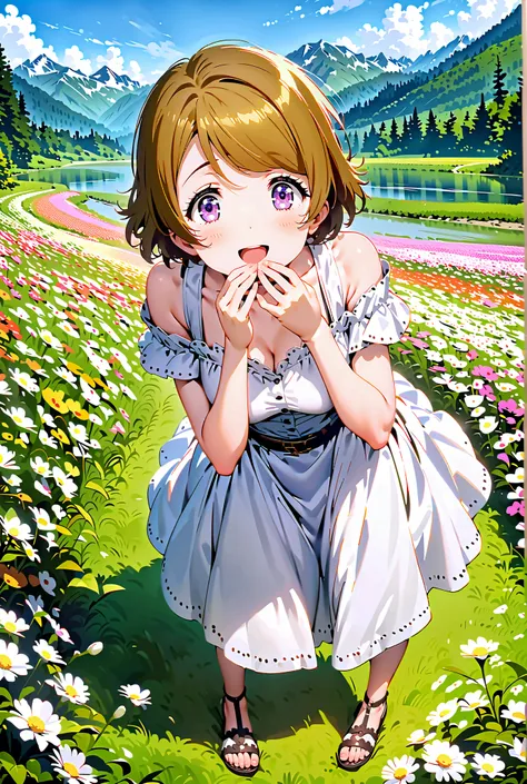  Hanayo Koizumi, short hair, brown hair, purple eyes,Medium breast, White Off Shoulder Dress, white long skirt,Heeled Sandals,standing,smile,cover,opens her mouth,noon,Flower Field,Mountain,river,nature,full bodyがillustrationsに入るように,break outdoors,nature,,...