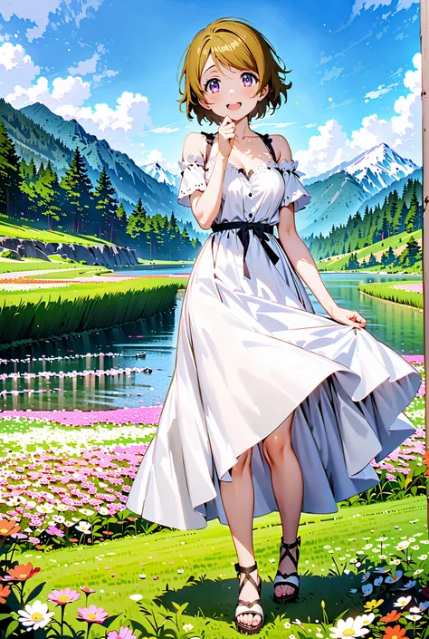  Hanayo Koizumi, short hair, brown hair, purple eyes,Medium breast, White Off Shoulder Dress, white long skirt,Heeled Sandals,standing,smile,cover,opens her mouth,noon,Flower Field,Mountain,river,nature,full bodyがillustrationsに入るように,break outdoors,nature,,...