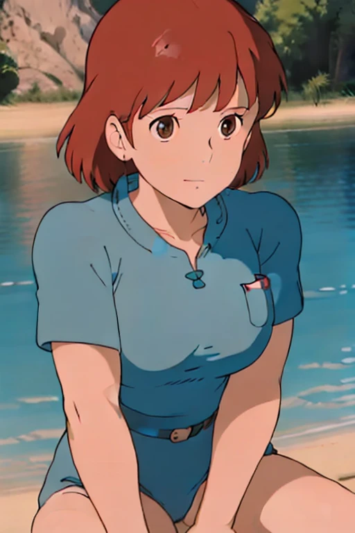 (masterpiece, best quality, high resolution, anime screencap, anime colored, 8k, photorealistic), Nausicaa, 1women, milf, wife, solo, brown hair, sad smile, (looking at viewer), huge breasts, cleavage, nude,vaginal,show off nipple, Curvey, cowboy shot, (lake, wet), (perfect detailed anatomy, beautiful detailed face&eyes:1.5, shiny skin, perfect sharp body)