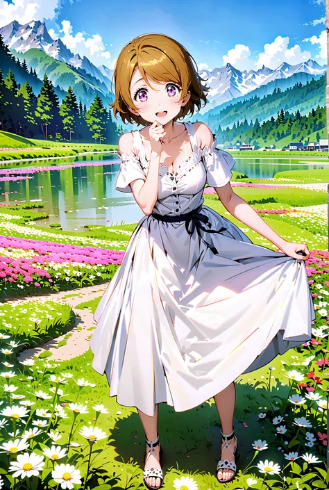  Hanayo Koizumi, short hair, brown hair, purple eyes,Medium breast, White Off Shoulder Dress, white long skirt,Heeled Sandals,standing,smile,cover,opens her mouth,noon,Flower Field,Mountain,river,nature,full bodyがillustrationsに入るように,break outdoors,nature,,...