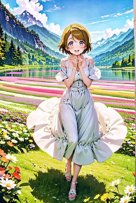  Hanayo Koizumi, short hair, brown hair, purple eyes,Medium breast, White Off Shoulder Dress, white long skirt,Heeled Sandals,standing,smile,cover,opens her mouth,noon,Flower Field,Mountain,river,nature,full bodyがillustrationsに入るように,break outdoors,nature,,...
