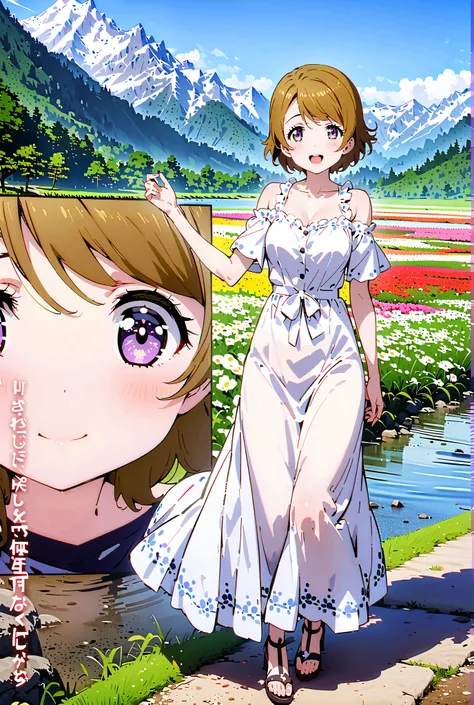  Hanayo Koizumi, short hair, brown hair, purple eyes,Medium breast, White Off Shoulder Dress, white long skirt,Heeled Sandals,standing,smile,cover,opens her mouth,noon,Flower Field,Mountain,river,nature,full bodyがillustrationsに入るように,break outdoors,nature,,...