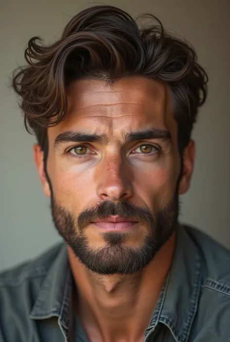 Create the realistic image of a young man with brown hair and brown eyes and a beard