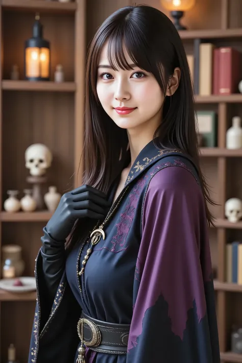 sakura, huge breast, Cleavage, A highly detailed, ultra-realistic digital illustration of a beautiful young Asian female witch standing confidently inside a shadowy, enchanted home hidden deep within a dark forest, inspired by classic fantasy RPGs. She is ...