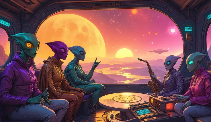 Create a vibrant album cover for "VOYAGER JAZZ: Golden Echo Transmissions" in a retro-futuristic, hand-drawn illustration style inspired by Moebius and 70s sci-fi classics, with fine lines, high contrast, and stylized shadows. Depict a cosmic scene inside ...