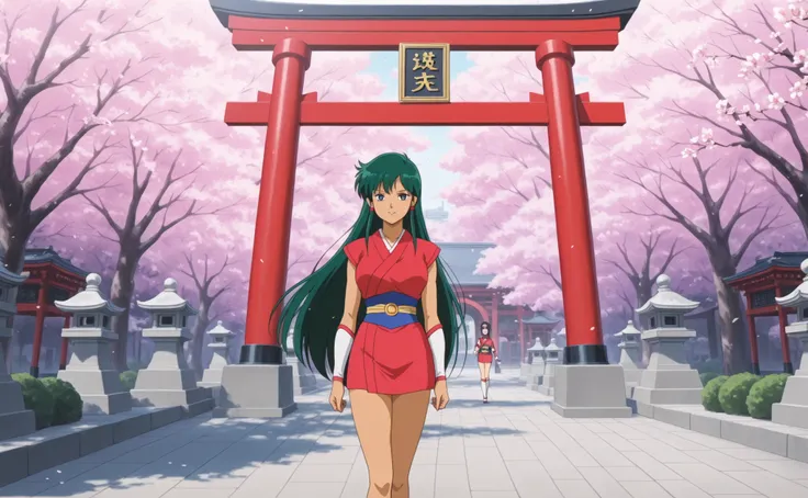 Time Gal in ancient Japan, under a red archway surrounded by cherry blossoms, in full view in a highly detailed anime style